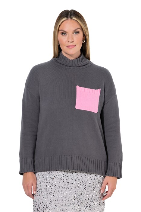 Rollkragen-Pullover, Boxy Fit, Brusttasche in Schmuckfarbe