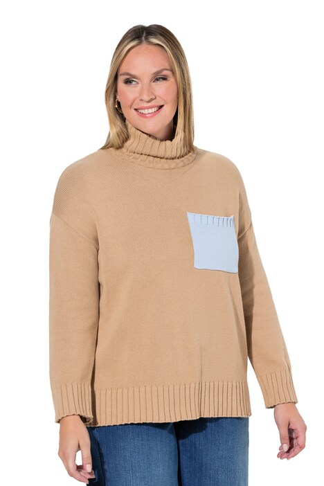 Rollkragen-Pullover, Boxy Fit, Brusttasche in Schmuckfarbe