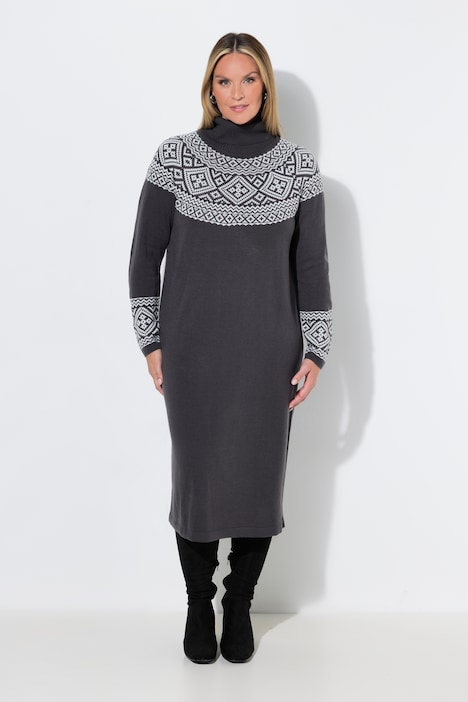 Midi-Strickkleid, gerade Passform, Norwegermuster, Glitzersteinchen