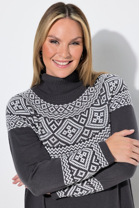Midi-Strickkleid, gerade Passform, Norwegermuster, Glitzersteinchen