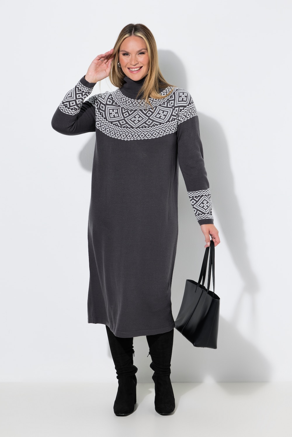 Midi-Strickkleid, gerade Passform, Norwegermuster, Glitzersteinchen