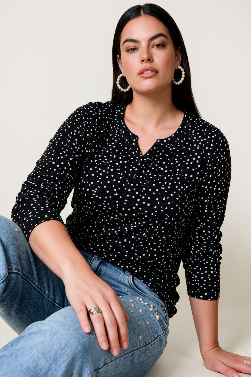 Langarmshirt, Classic Fit, Punkte, elastischer Saum