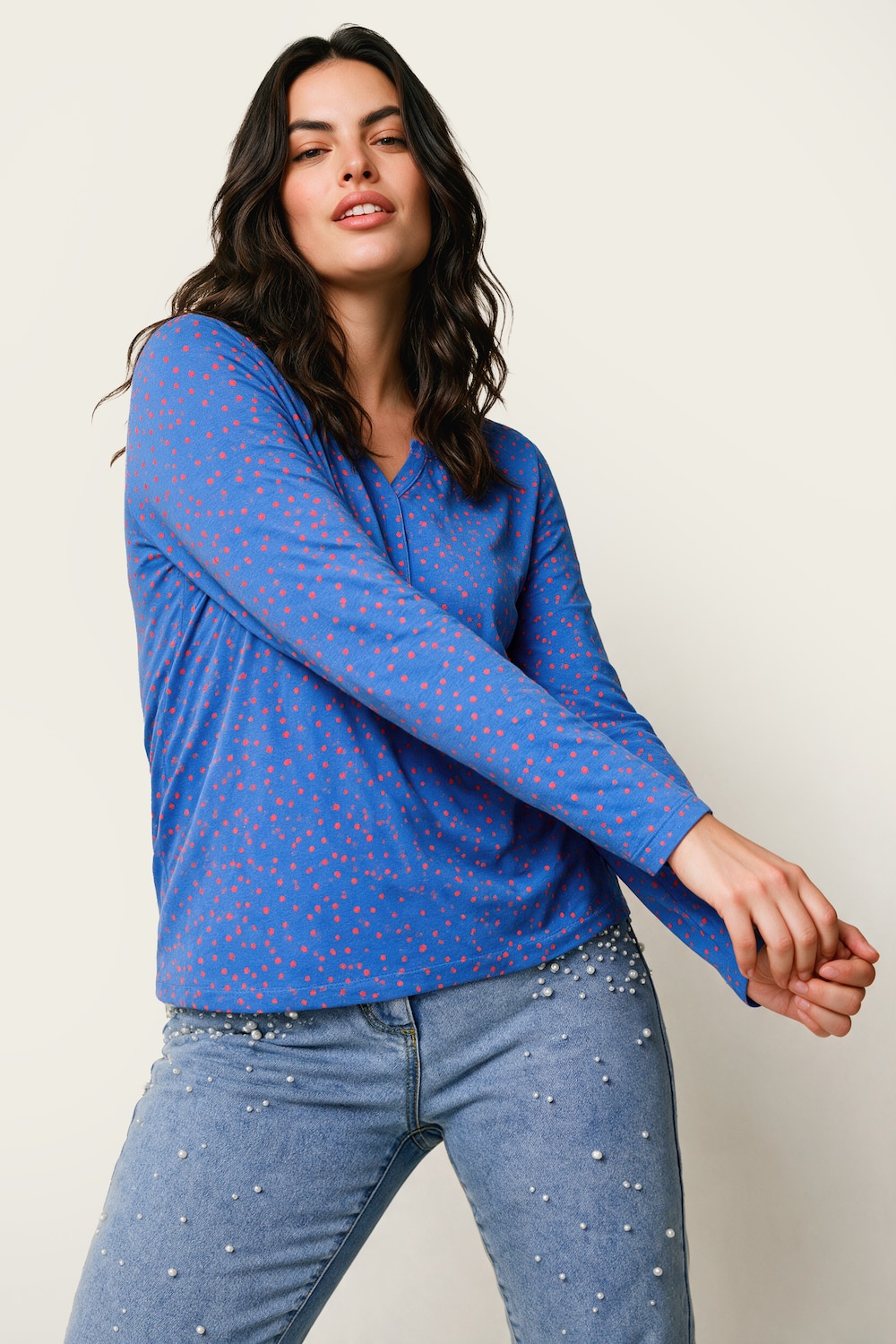 Langarmshirt, Classic Fit, Punkte, elastischer Saum