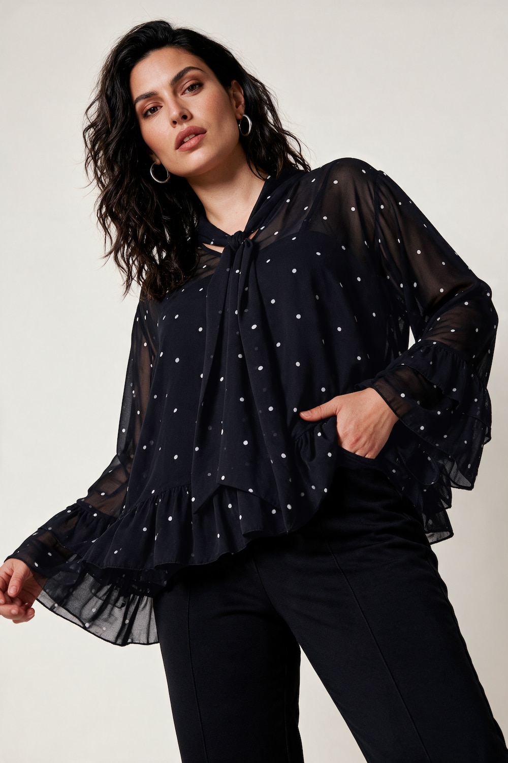 Volant-Bluse, oversized A-Linie, Dots, blickdichtes Top