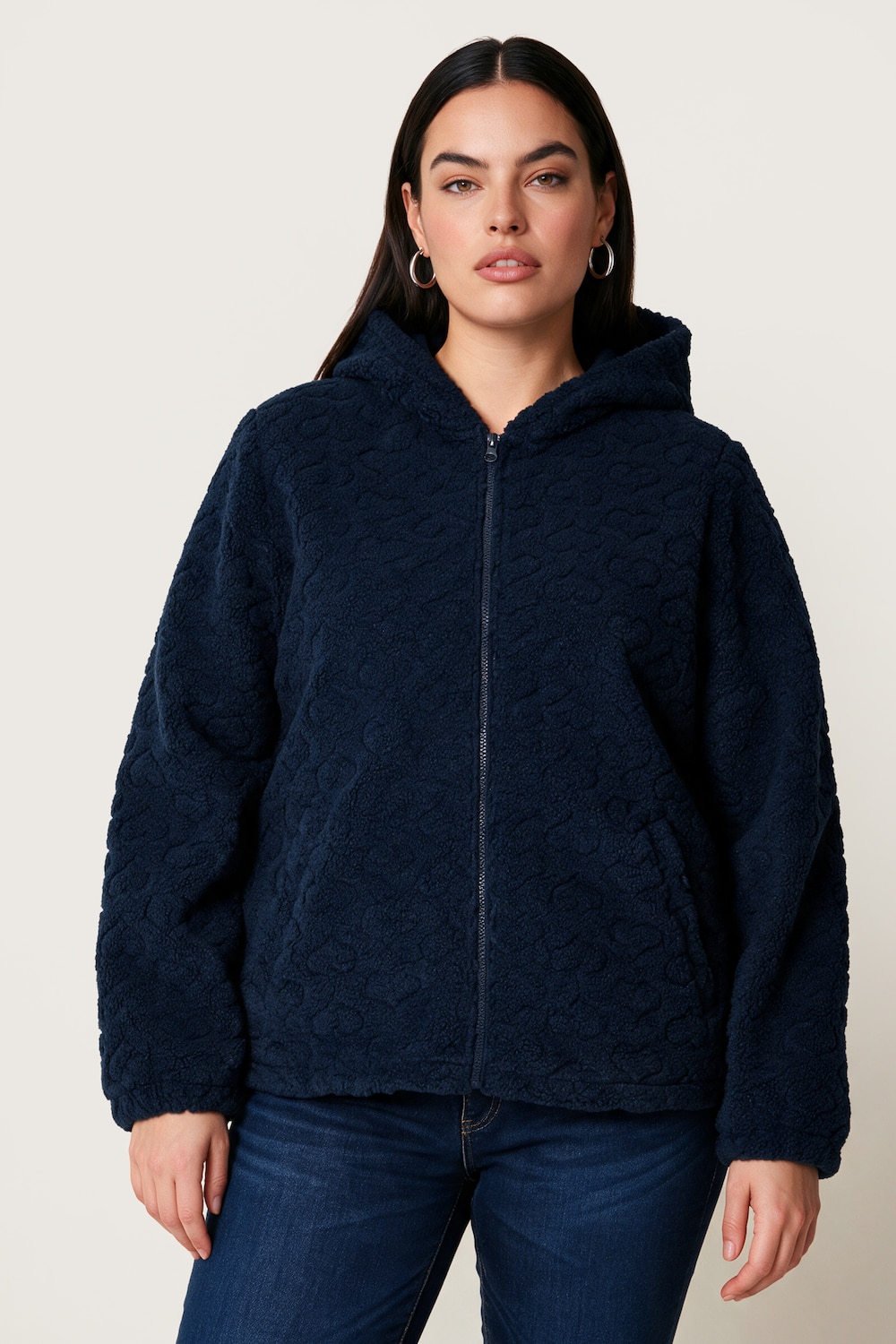 Kuschelfleece-Jacke, Herz-Prägung, Kapuze