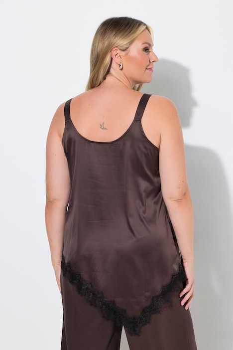 Satin-Top, A-Linie, Spitze, asymmetrischer Saum