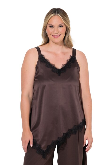 Satin-Top, A-Linie, Spitze, asymmetrischer Saum