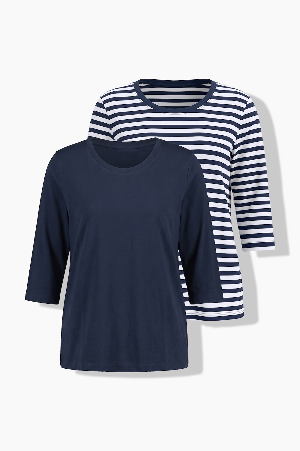 T-shirts, set van 2, effen/gestreept, ronde hals, 3/4-mouwen