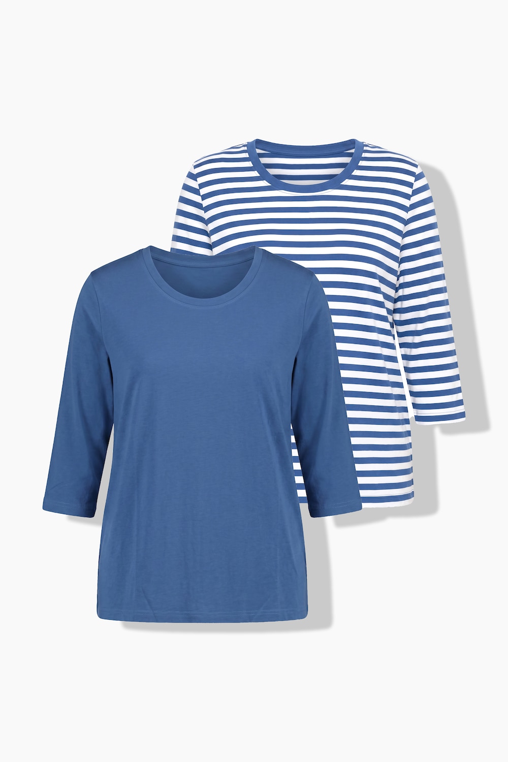 T-shirts, set van 2, effen/gestreept, ronde hals, 3/4-mouwen