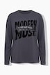 T-shirt met lange mouwen, boxy fit, satijnen opschrift