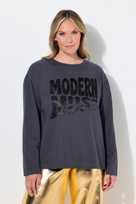 T-shirt met lange mouwen, boxy fit, satijnen opschrift
