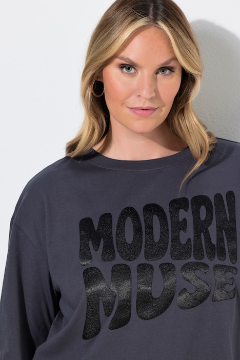 T-shirt met lange mouwen, boxy fit, satijnen opschrift