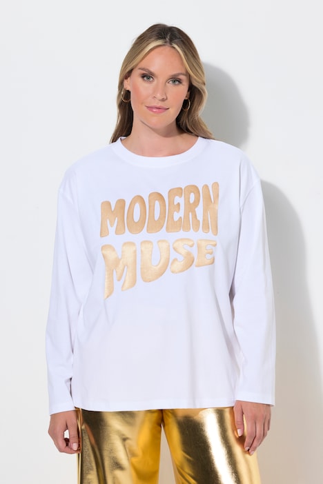 T-shirt met lange mouwen, boxy fit, satijnen opschrift