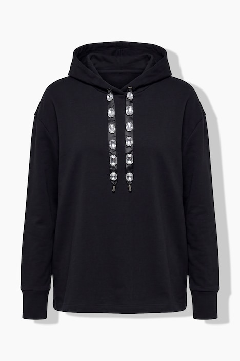 Hettegenser, oversized, hette med bånd med glitrende steiner