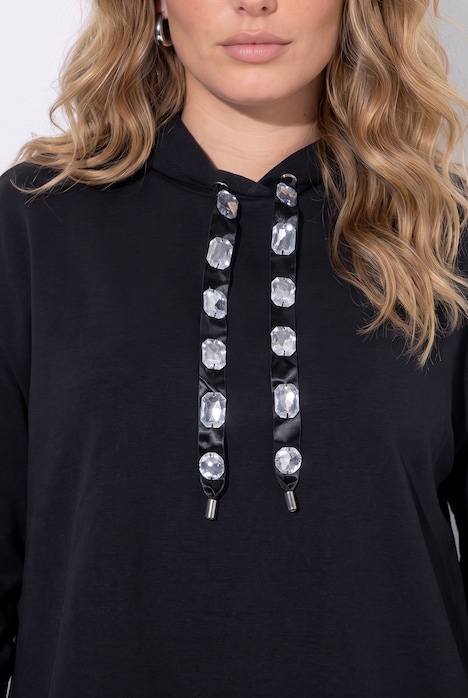 Hettegenser, oversized, hette med bånd med glitrende steiner