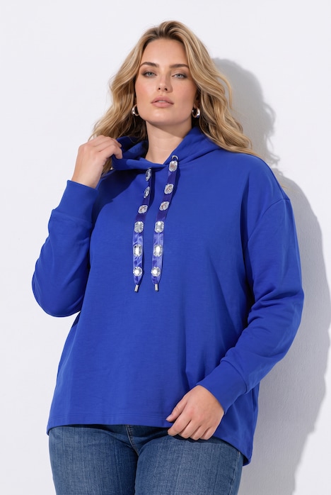 Hettegenser, oversized, hette med bånd med glitrende steiner
