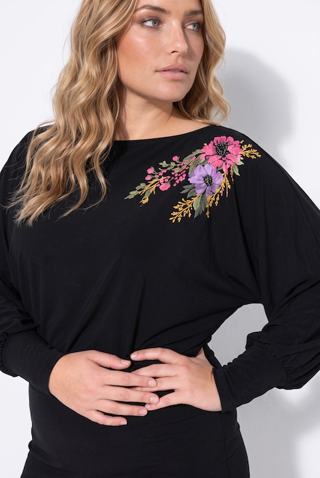 Midi-Jerseykleid, Loose Fit Top, 3D Druck, U-Boot-Ausschnitt