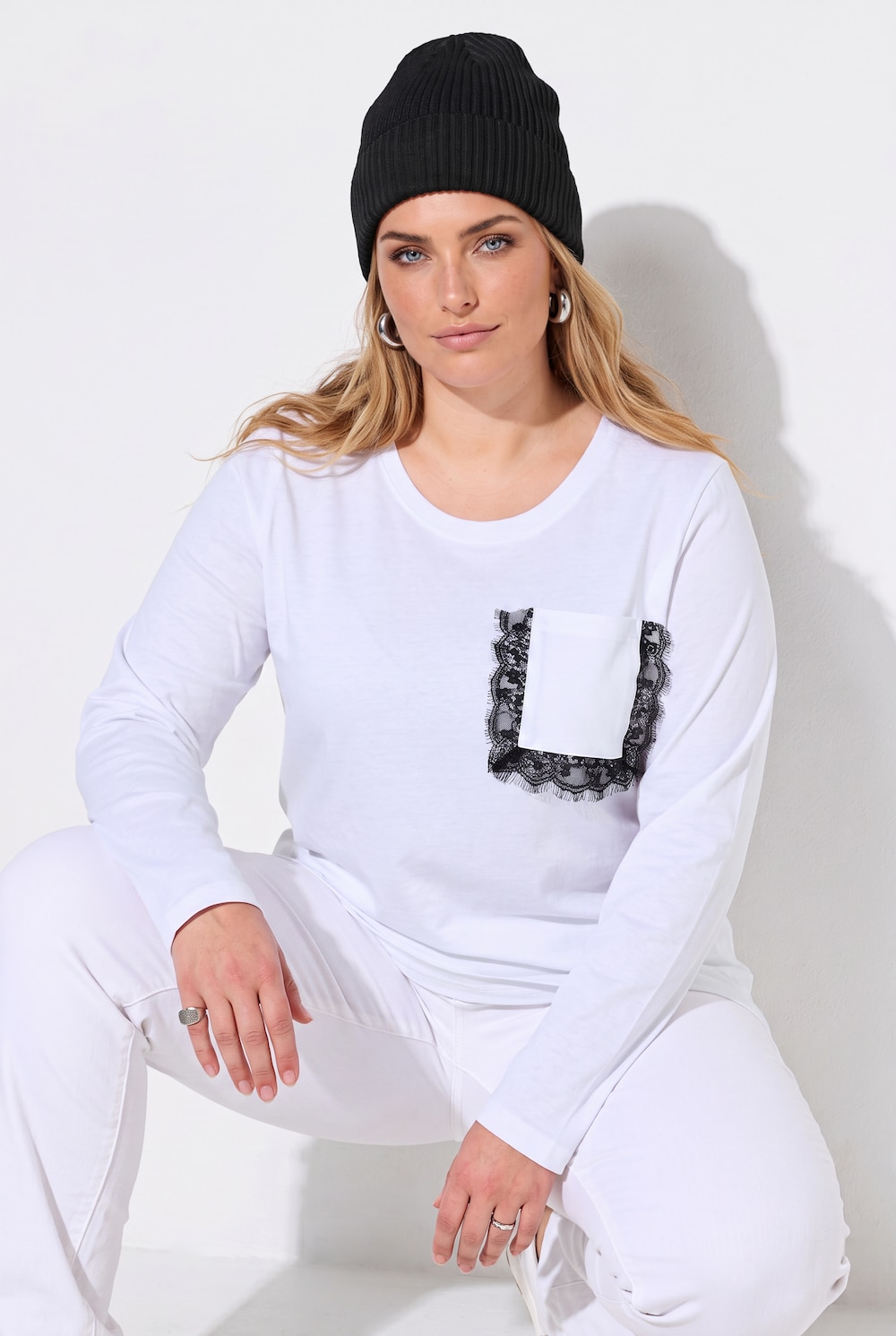 Langarmshirt, Komfort Fit, Brusttasche mit Spitze