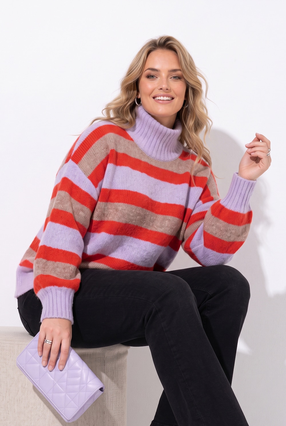 Pullover, Boxy Fit, Streifenstrick, Ballon-Langarm