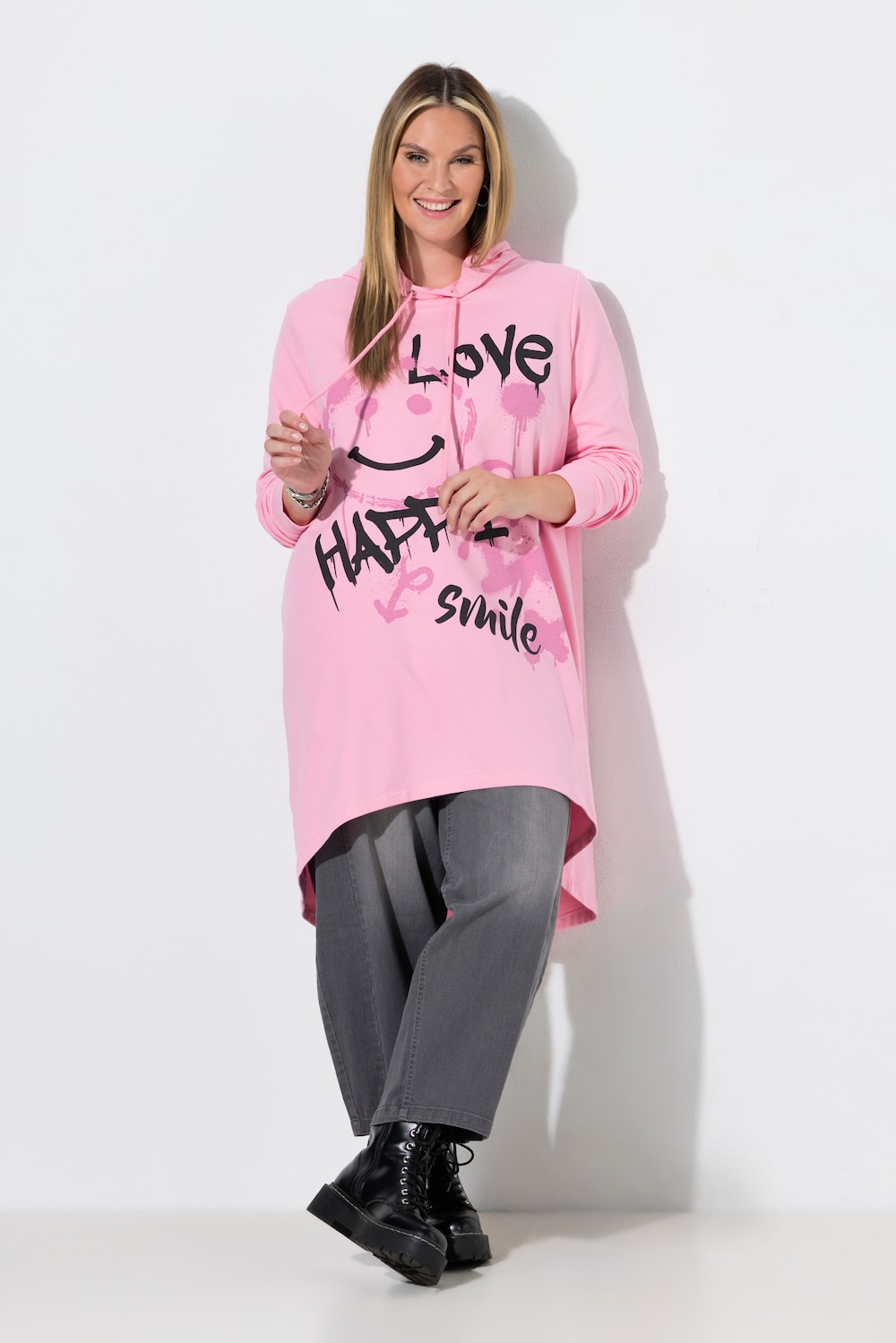 Hoodie, oversized, Smileys und Schriftzug, Kapuze