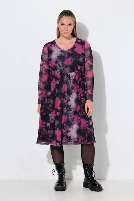 Midi-jurk van mesh, A-lijn, batikpatroon, onderjurk