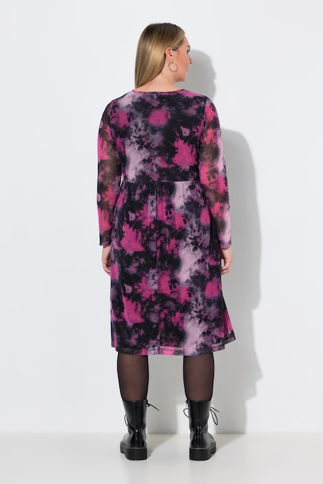 Midi-jurk van mesh, A-lijn, batikpatroon, onderjurk