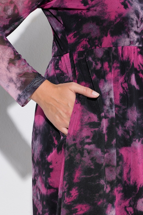 Midi-jurk van mesh, A-lijn, batikpatroon, onderjurk