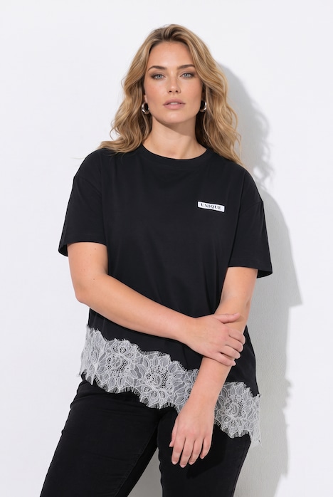 T-skjorte, rett passform, asymmetrisk blondekant