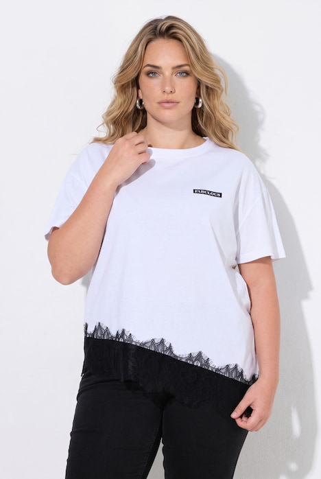 T-skjorte, rett passform, asymmetrisk blondekant