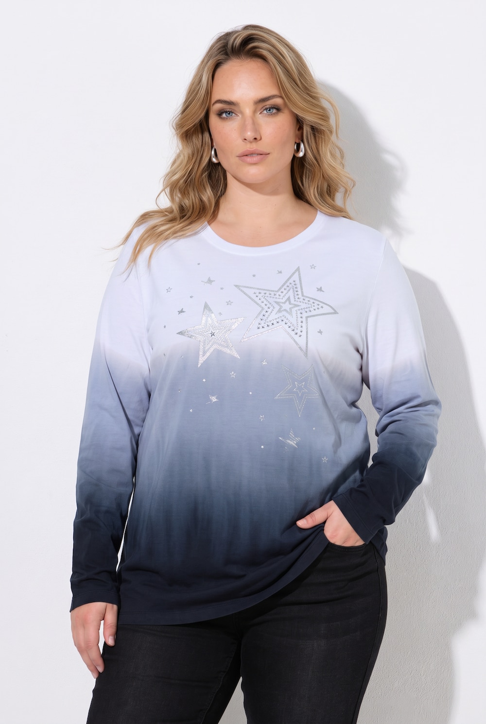 Langærmet T-shirt, komfortpasform, farvegradient, metalliske stjerner
