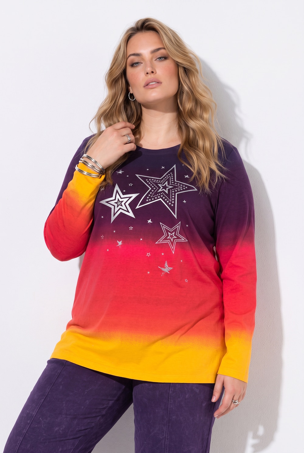 Langarmshirt, Komfort Fit, Farbverlauf, Metallic-Sterne