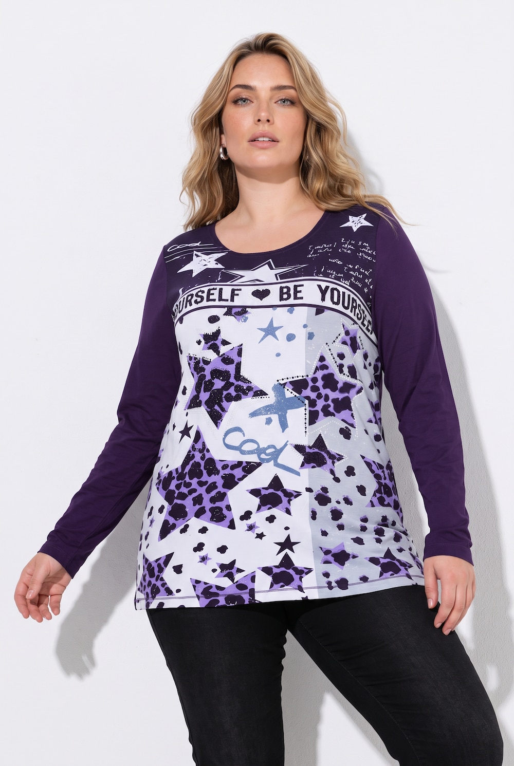 Langærmet T-shirt, komfortabel pasform, stjerner, glitrende pyntesten