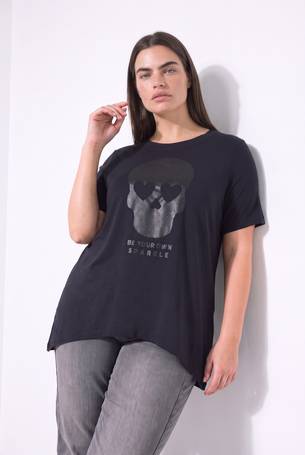 T-Shirt, A-Linie, Glitzer-Druck, Zipfelsaum