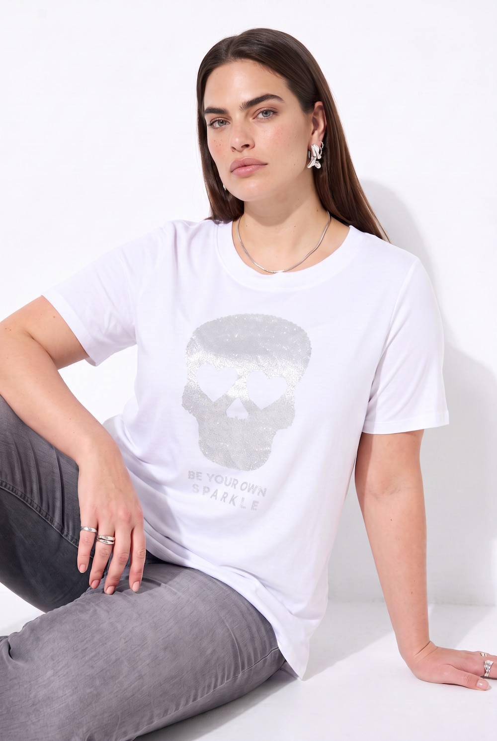 T-Shirt, A-Linie, Glitzer-Druck, Zipfelsaum