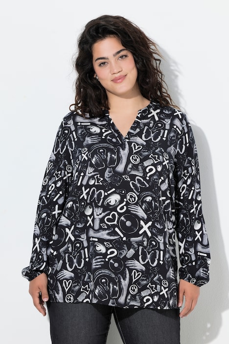 Bluse, A-Linie, Graffitti-Muster, Langarm