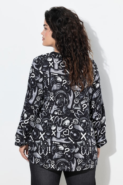 Bluse, A-Linie, Graffitti-Muster, Langarm