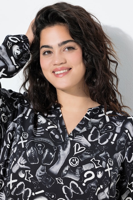 Bluse, A-Linie, Graffitti-Muster, Langarm