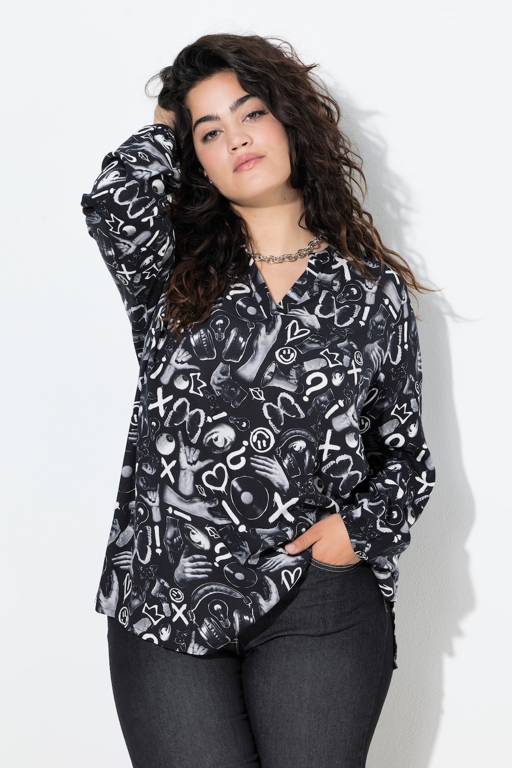 Bluse, A-Linie, Graffitti-Muster, Langarm