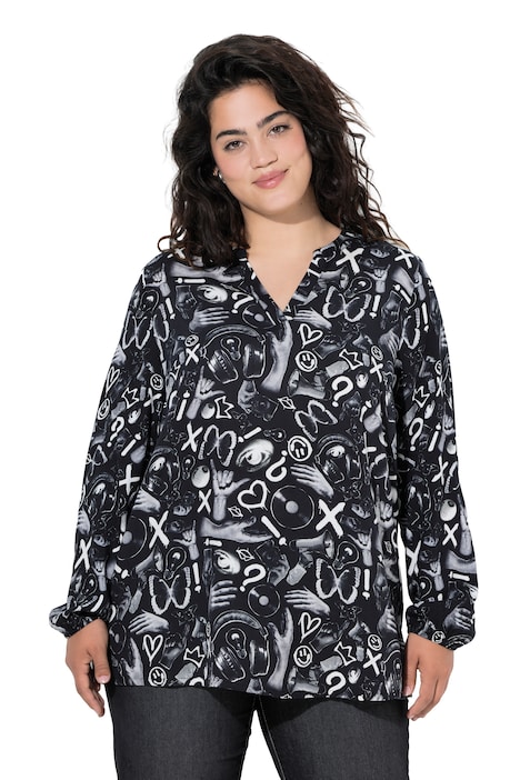 Bluse, A-Linie, Graffitti-Muster, Langarm