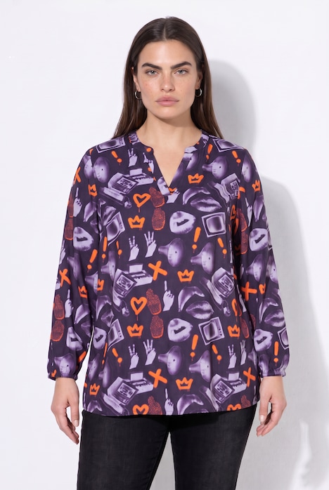Bluse, A-Linie, Graffitti-Muster, Langarm
