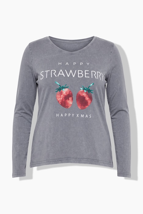 T-shirt met lange mouwen, A-lijn, acid washed, aardbeienmotief