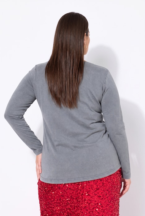 T-shirt met lange mouwen, A-lijn, acid washed, aardbeienmotief