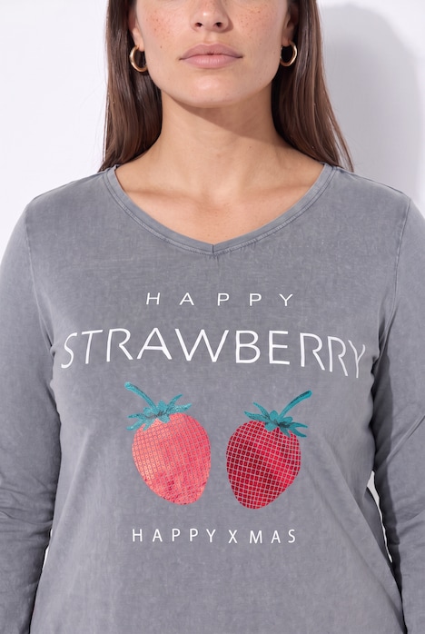 T-shirt met lange mouwen, A-lijn, acid washed, aardbeienmotief