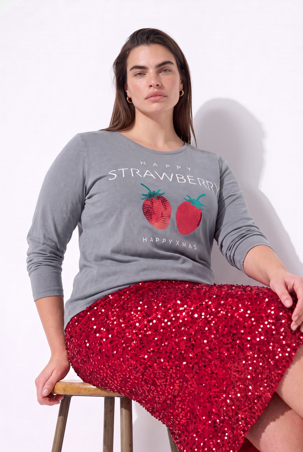 T-shirt met lange mouwen, A-lijn, acid washed, aardbeienmotief