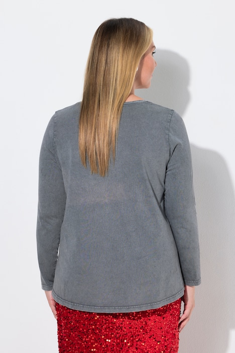 T-shirt met lange mouwen, A-lijn, acid washed, aardbeienmotief