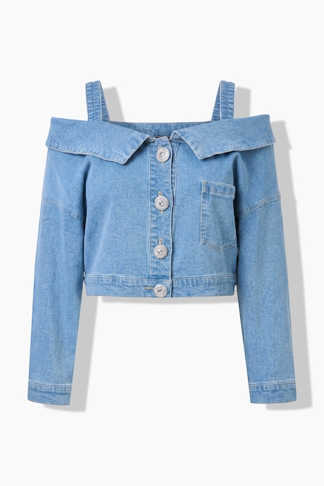 Jeansbluse, oversized, schulterfrei, Langarm