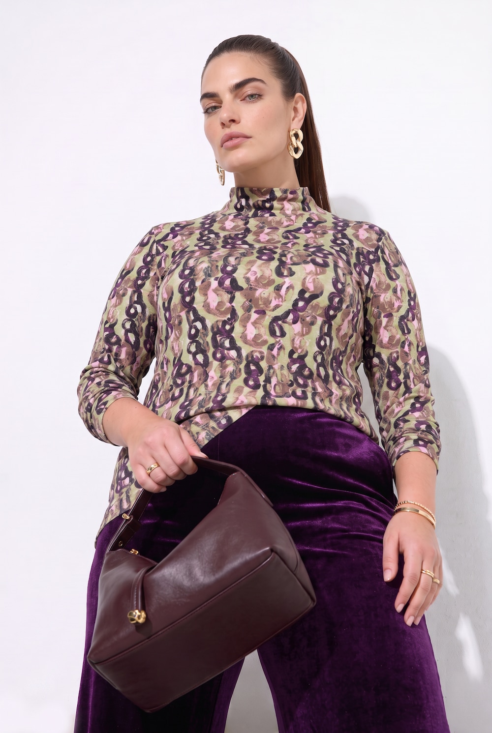 Shirt met lange mouwen, slim fit, all-over print, opstaande kraag