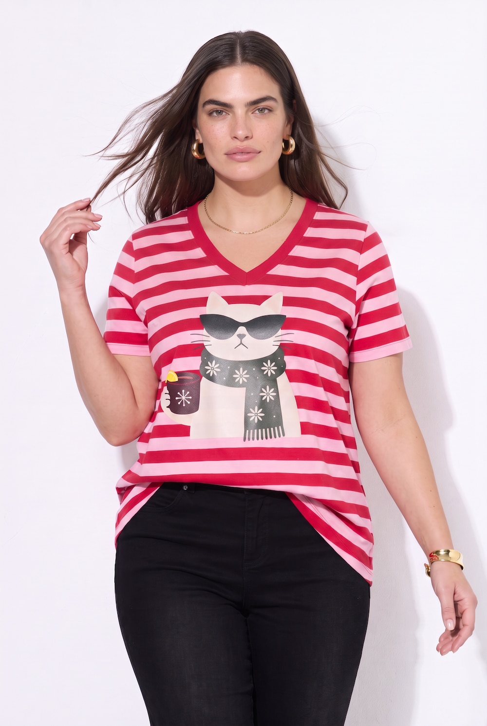 T-shirt, A-lijn, gestreept, kerstkat