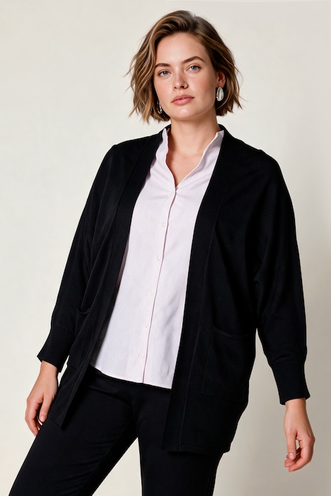 Long-Strickjacke, oversized, offen, Fledermaus-Langarm