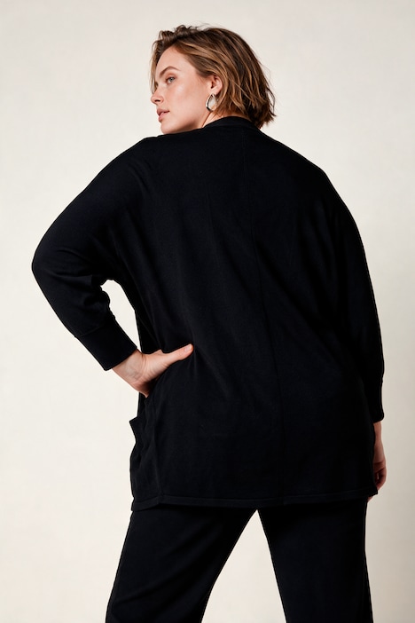 Long-Strickjacke, oversized, offen, Fledermaus-Langarm